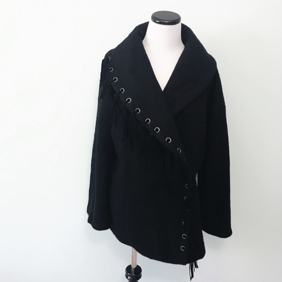 Kenar Jackets & Blazers - KENAR Black wool fringe Coat shawl collar